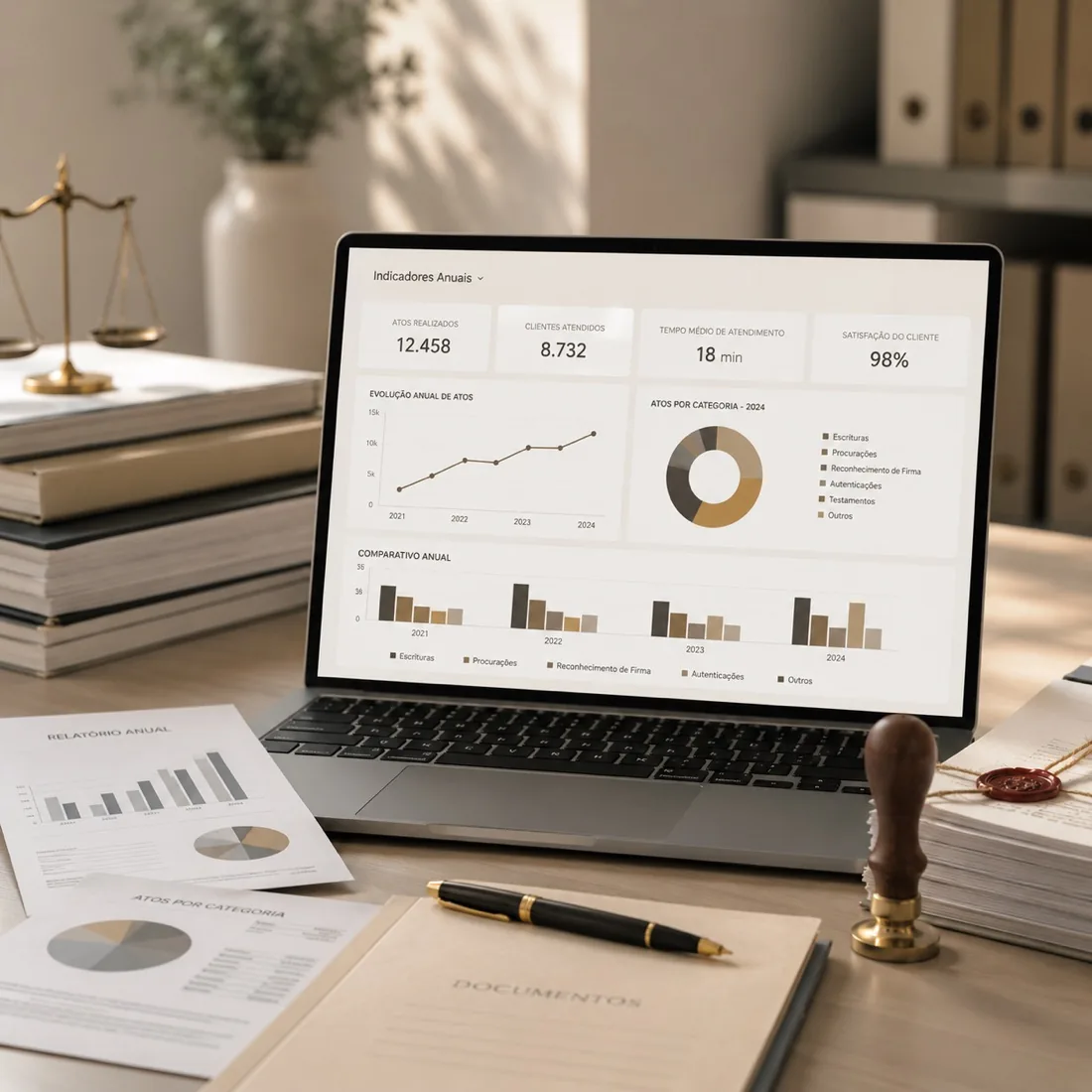 Indicadores do cartório em notebook sobre mesa de documentos