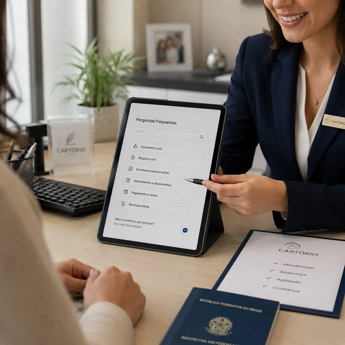 Atendimento com tablet exibindo perguntas frequentes