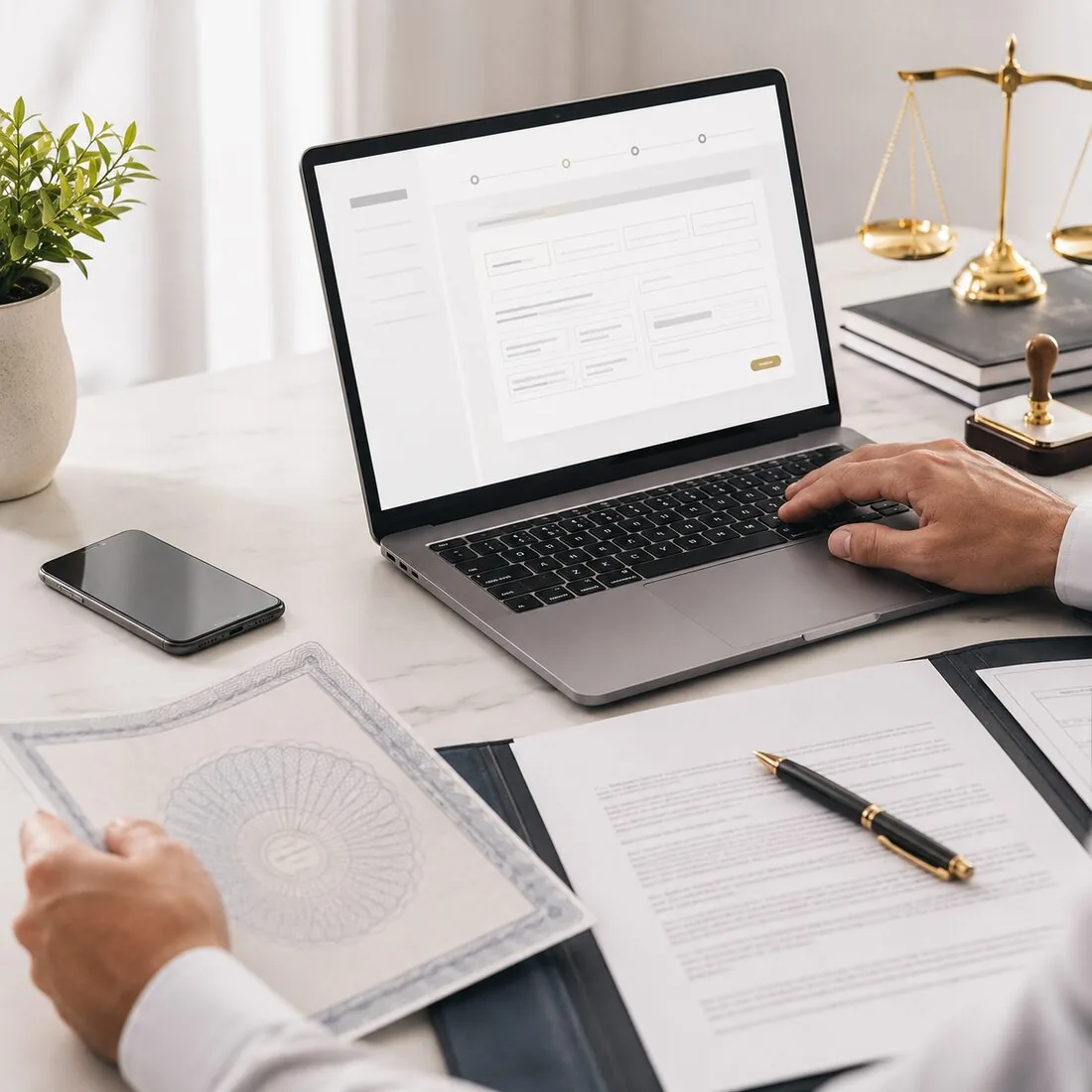 Notebook com formulário online em mesa de cartório