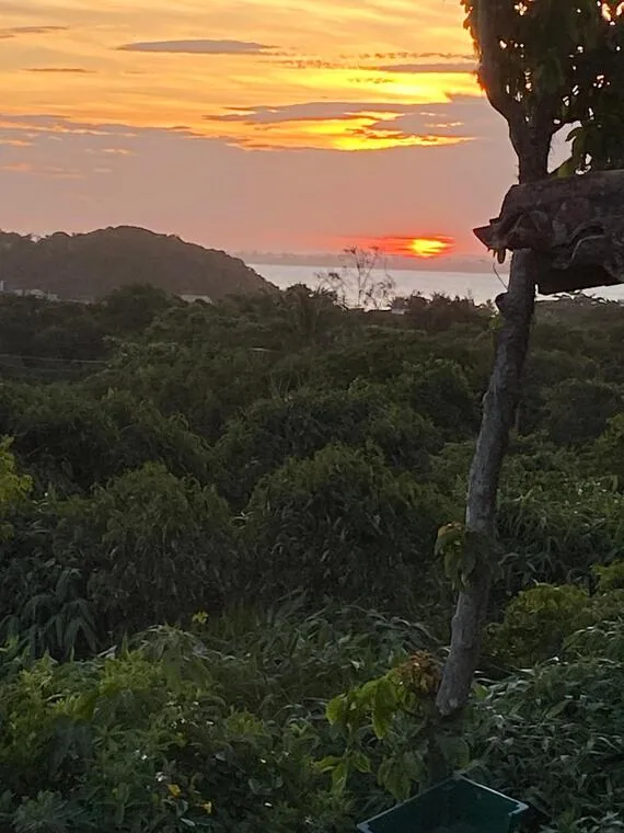 Pôr do sol sobre a mata e o mar visto de mirante em Rio das Ostras